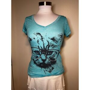Fifth Sun Womens Cat with Glasses Graphic V-Neck T-Shirt Turquoise Blue Small